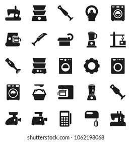 Flat vector icon set - washer vector, washing powder, double boiler, blender, tomography, gear, construction crane, card reader, mixer, coffee maker, meat grinder, sewing machine