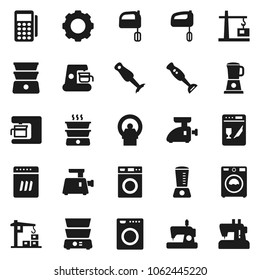 Flat vector icon set - washer vector, mixer, double boiler, blender, tomography, gear, construction crane, card reader, dishwasher, coffee maker, meat grinder, sewing machine