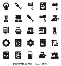 Flat vector icon set - washer vector, washing powder, mixer, blender, tomography, gear, construction crane, card reader, dishwasher, coffee maker, meat grinder, double boiler, sewing machine