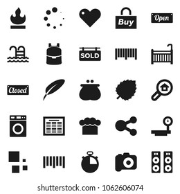 Flat vector icon set - washer vector, cook hat, pen, backpack, schedule, leaf, stopwatch, pool, flammable, big scales, barcode, camera, heart, share, loading, sold signboard, search estate, crib