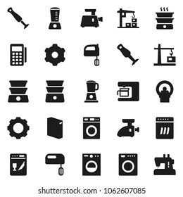 Flat vector icon set - washer vector, washing powder, mixer, double boiler, blender, tomography, gear, construction crane, card reader, dishwasher, coffee maker, meat grinder, sewing machine
