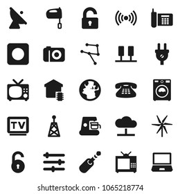Flat vector icon set - washer vector, mixer, earth, phone, satellite antenna, tv, classic, rec button, jack, network, server, cloud, equalizer, unlock, windmill, wireless, smart home, power plug