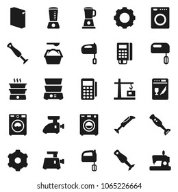 Flat vector icon set - washer vector, washing powder, mixer, double boiler, blender, gear, construction crane, card reader, dishwasher, meat grinder, sewing machine