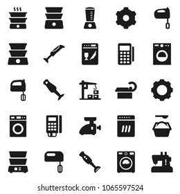Flat vector icon set - washer vector, washing powder, mixer, double boiler, blender, tomography, gear, construction crane, card reader, dishwasher, meat grinder, sewing machine
