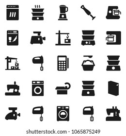 Flat vector icon set - washer vector, washing powder, mixer, double boiler, tomography, construction crane, card reader, dishwasher, coffee maker, meat grinder, blender, sewing machine