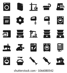 Flat vector icon set - washer vector, washing powder, mixer, double boiler, blender, tomography, gear, construction crane, card reader, dishwasher, coffee maker, meat grinder, sewing machine
