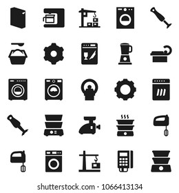 Flat vector icon set - washer vector, washing powder, mixer, double boiler, blender, tomography, gear, construction crane, card reader, dishwasher, coffee maker, meat grinder
