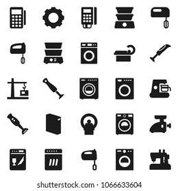 Flat vector icon set - washer vector, washing powder, mixer, double boiler, blender, tomography, gear, construction crane, card reader, dishwasher, coffee maker, meat grinder, sewing machine