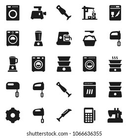 Flat vector icon set - washer vector, washing powder, mixer, double boiler, blender, gear, construction crane, card reader, dishwasher, coffee maker, meat grinder, sewing machine