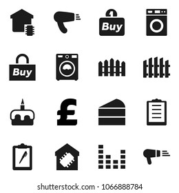 Flat vector icon set - washer vector, cake, pound, clipboard, equalizer, fence, smart home, buy, hair dryer