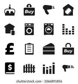 Flat vector icon set - washer vector, cake, annual report, pound, clipboard, equalizer, fence, smart home, buy, hair dryer