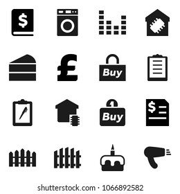 Flat vector icon set - washer vector, cake, annual report, pound, clipboard, equalizer, fence, smart home, buy, hair dryer