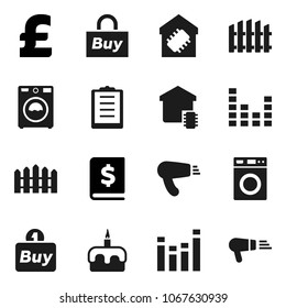 Flat vector icon set - washer vector, cake, annual report, pound, clipboard, equalizer, fence, smart home, buy, hair dryer