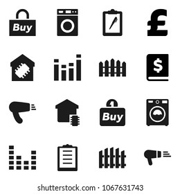 Flat vector icon set - washer vector, annual report, pound, clipboard, equalizer, fence, smart home, buy, hair dryer