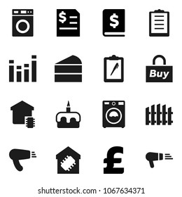 Flat vector icon set - washer vector, cake, annual report, pound, clipboard, equalizer, fence, smart home, buy, hair dryer
