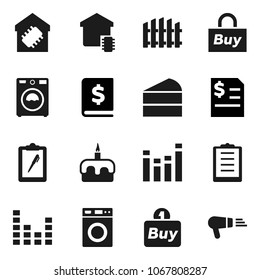 Flat vector icon set - washer vector, cake, annual report, clipboard, equalizer, fence, smart home, buy, hair dryer