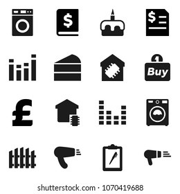 Flat vector icon set - washer vector, cake, annual report, pound, clipboard, equalizer, fence, smart home, buy, hair dryer