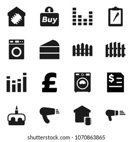 Flat vector icon set - washer vector, cake, annual report, pound, clipboard, equalizer, fence, smart home, buy, hair dryer