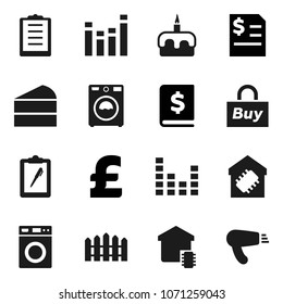 Flat vector icon set - washer vector, cake, annual report, pound, clipboard, equalizer, fence, smart home, buy, hair dryer