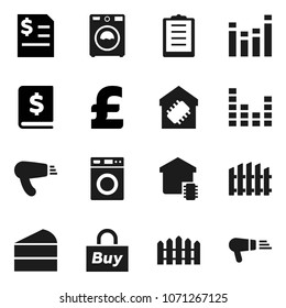 Flat vector icon set - washer vector, cake, annual report, pound, clipboard, equalizer, fence, smart home, buy, hair dryer