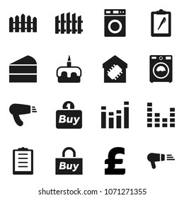 Flat vector icon set - washer vector, cake, pound, clipboard, equalizer, fence, smart home, buy, hair dryer