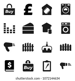 Flat vector icon set - washer vector, cake, annual report, pound, clipboard, equalizer, fence, smart home, buy, hair dryer