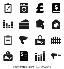 Flat vector icon set - washer vector, cake, annual report, pound, clipboard, equalizer, fence, smart home, buy, hair dryer