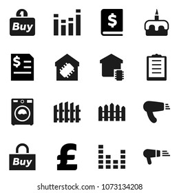 Flat vector icon set - washer vector, cake, annual report, pound, clipboard, equalizer, fence, smart home, buy, hair dryer