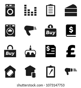 Flat vector icon set - washer vector, cake, annual report, pound, clipboard, equalizer, smart home, buy, hair dryer