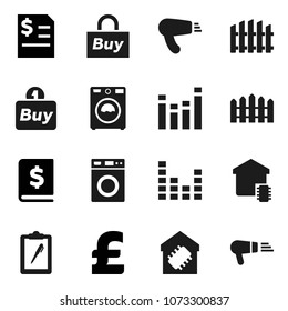 Flat vector icon set - washer vector, annual report, pound, clipboard, equalizer, fence, smart home, buy, hair dryer