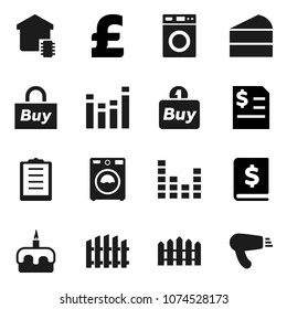 Flat vector icon set - washer vector, cake, annual report, pound, clipboard, equalizer, fence, smart home, buy, hair dryer