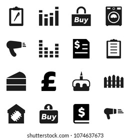 Flat vector icon set - washer vector, cake, annual report, pound, clipboard, equalizer, fence, smart home, buy, hair dryer