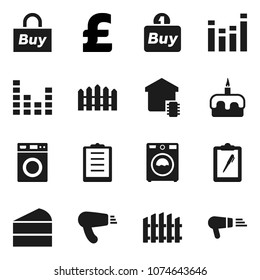 Flat vector icon set - washer vector, cake, pound, clipboard, equalizer, fence, smart home, buy, hair dryer