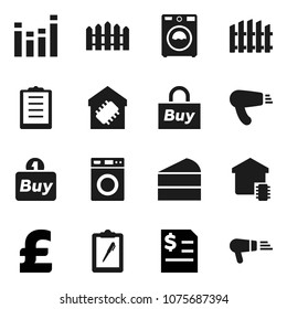 Flat vector icon set - washer vector, cake, annual report, pound, clipboard, equalizer, fence, smart home, buy, hair dryer