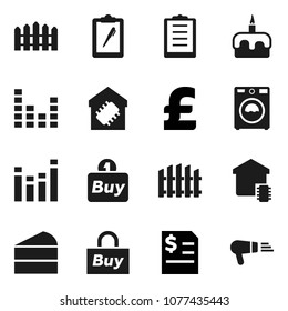 Flat vector icon set - washer vector, cake, annual report, pound, clipboard, equalizer, fence, smart home, buy, hair dryer