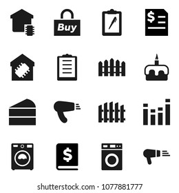 Flat vector icon set - washer vector, cake, annual report, clipboard, equalizer, fence, smart home, buy, hair dryer