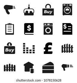 Flat vector icon set - washer vector, cake, annual report, pound, clipboard, equalizer, fence, smart home, buy, hair dryer