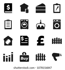 Flat vector icon set - washer vector, cake, annual report, pound, clipboard, equalizer, fence, smart home, buy, hair dryer