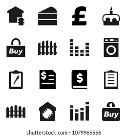 Flat vector icon set - washer vector, cake, annual report, pound, clipboard, equalizer, fence, smart home, buy