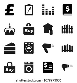 Flat vector icon set - washer vector, cake, annual report, pound, clipboard, equalizer, fence, smart home, buy, hair dryer