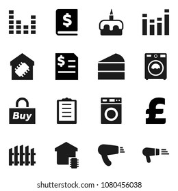 Flat vector icon set - washer vector, cake, annual report, pound, clipboard, equalizer, fence, smart home, buy, hair dryer