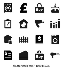 Flat vector icon set - washer vector, cake, annual report, pound, clipboard, equalizer, fence, smart home, buy, hair dryer