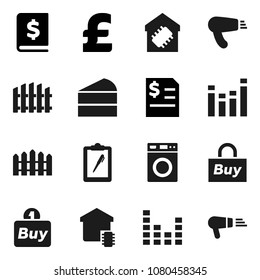 Flat vector icon set - washer vector, cake, annual report, pound, clipboard, equalizer, fence, smart home, buy, hair dryer