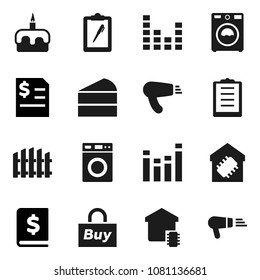 Flat vector icon set - washer vector, cake, annual report, clipboard, equalizer, fence, smart home, buy, hair dryer