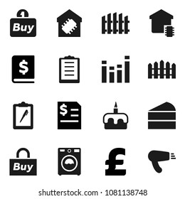 Flat vector icon set - washer vector, cake, annual report, pound, clipboard, equalizer, fence, smart home, buy, hair dryer