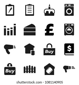 Flat vector icon set - washer vector, cake, annual report, pound, clipboard, equalizer, fence, smart home, buy, hair dryer