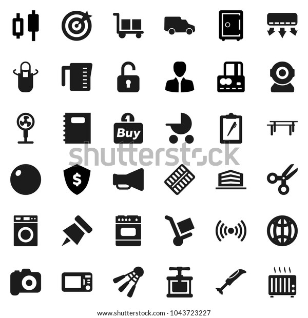Flat vector icon set - washer vector, measuring\
cup, apron, cook press, copybook, paper pin, scissors, japanese\
candle, credit card, manager, dollar shield, safe, horizontal bar,\
fitball, car, cargo
