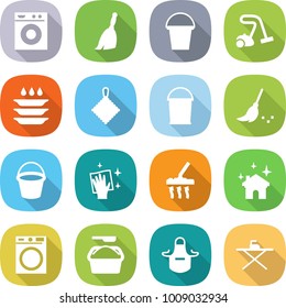 flat vector icon set - washing machine vector, broom, bucket, vacuum cleaner, plate, rag, wiping, house cleaning, powder, apron, iron board