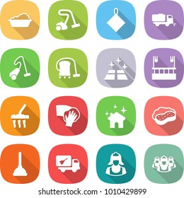 flat vector icon set - washing vector, vacuum cleaner, rag, sweeper, clean floor, skysrcapers cleaning, wiping, house, sponge with foam, plunger, home call, outsource