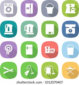 flat vector icon set - washing machine vector, fridge, bucket, coffee maker, kettle, kitchen scales, elecric oven, food processor, pruner, vacuum cleaner, iron board